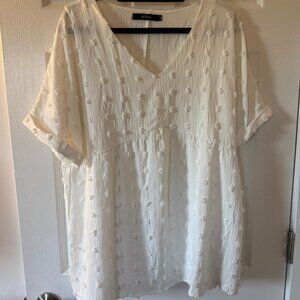 Women's V-Neck Flowy Tunic Top, Swiss Dot Short Sleeve, White, X-Large